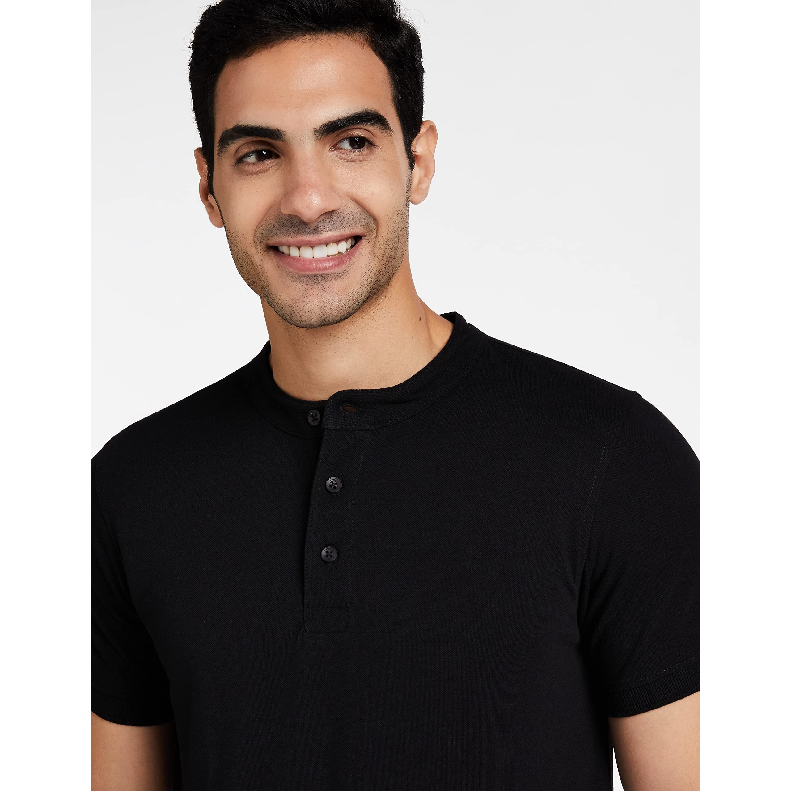 Amazon Brand - Symbol Men's Cotton Rich Polo T Shirt | Mandarin Collar Tshirts | Half Sleeves | Plain - Regular Fit (Jet Black_M)