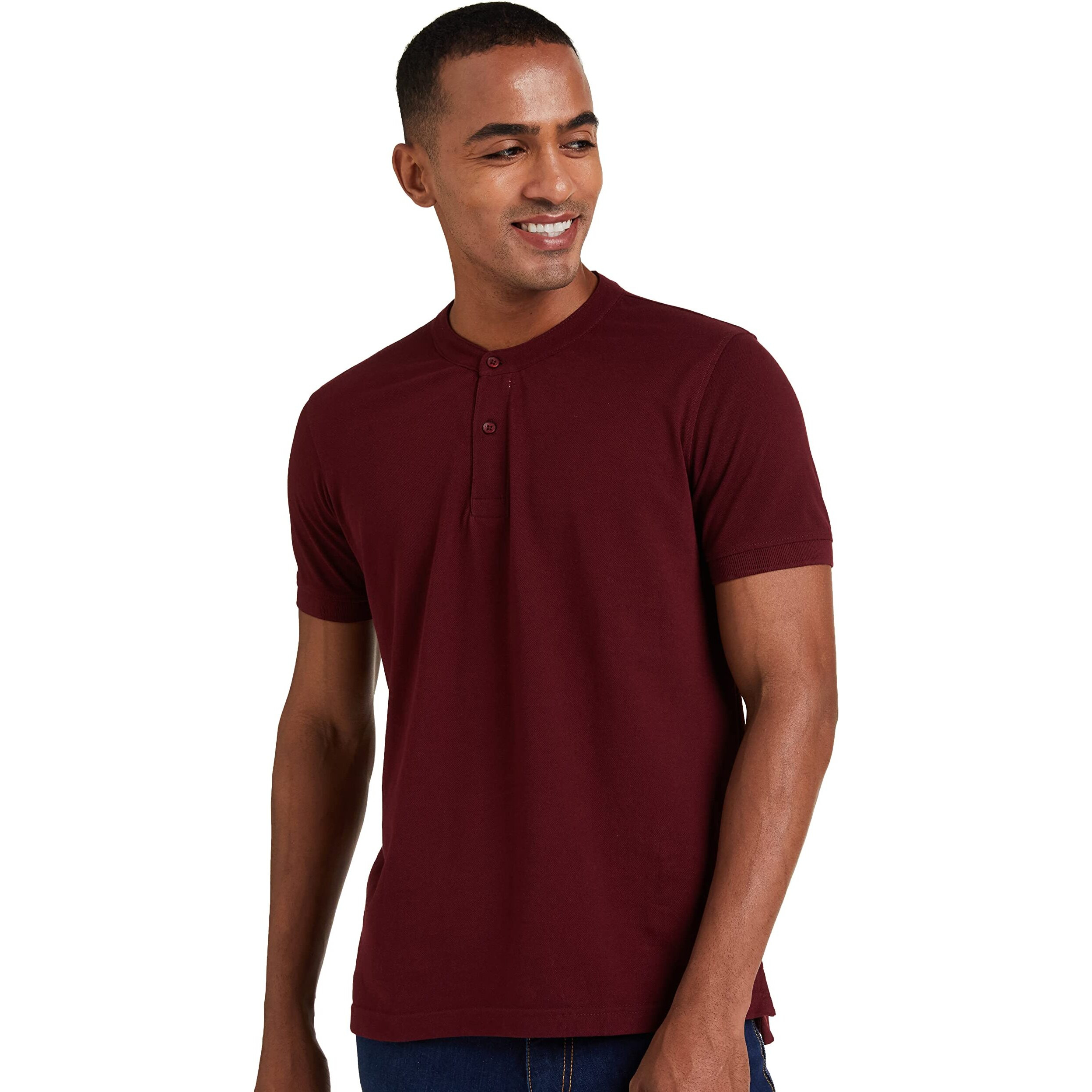 Amazon Brand - Symbol Men's Cotton Rich Polo T Shirt | Mandarin Collar Tshirts | Half Sleeves | Plain - Regular Fit (Pomegranate_M)