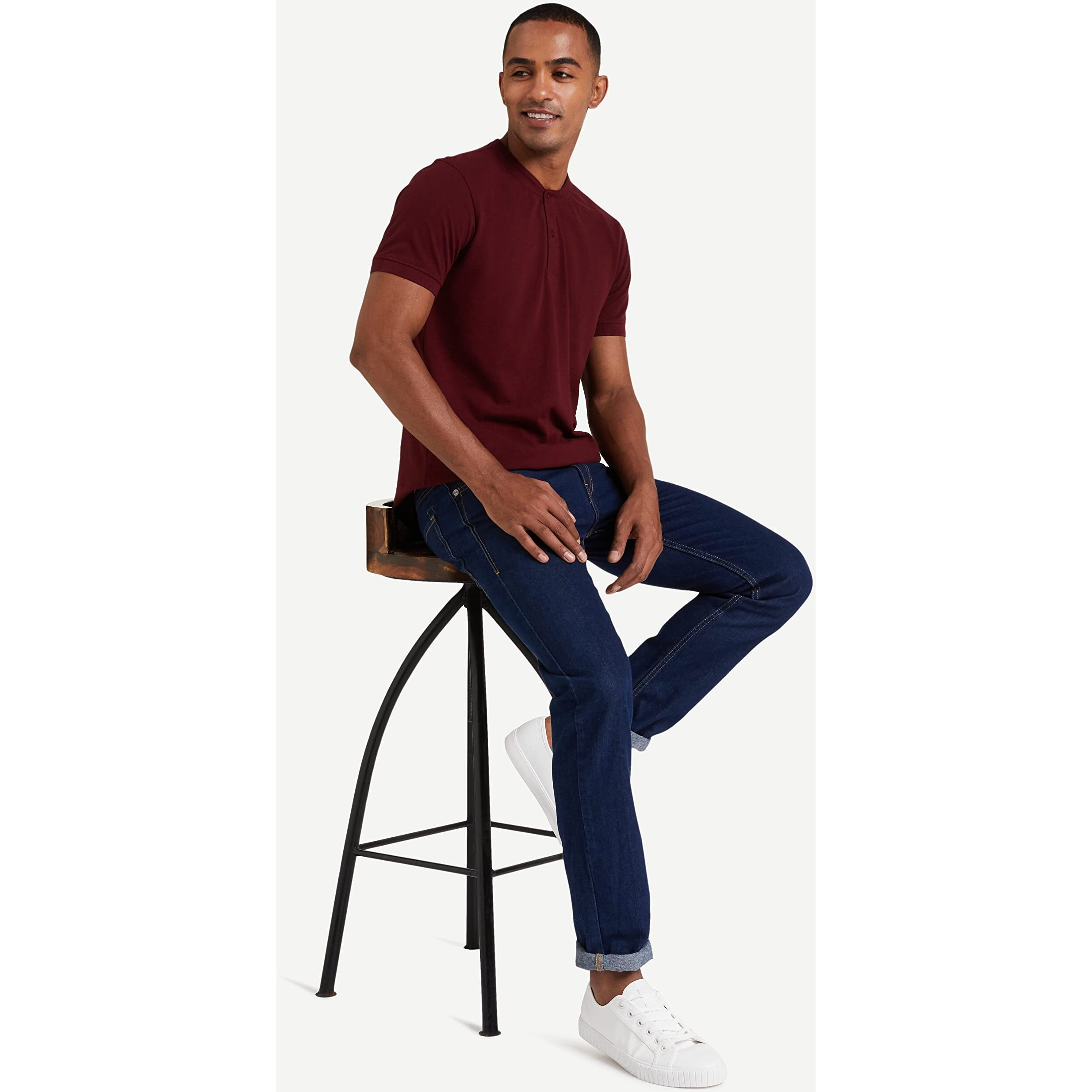 Amazon Brand - Symbol Men's Cotton Rich Polo T Shirt | Mandarin Collar Tshirts | Half Sleeves | Plain - Regular Fit (Pomegranate_M)