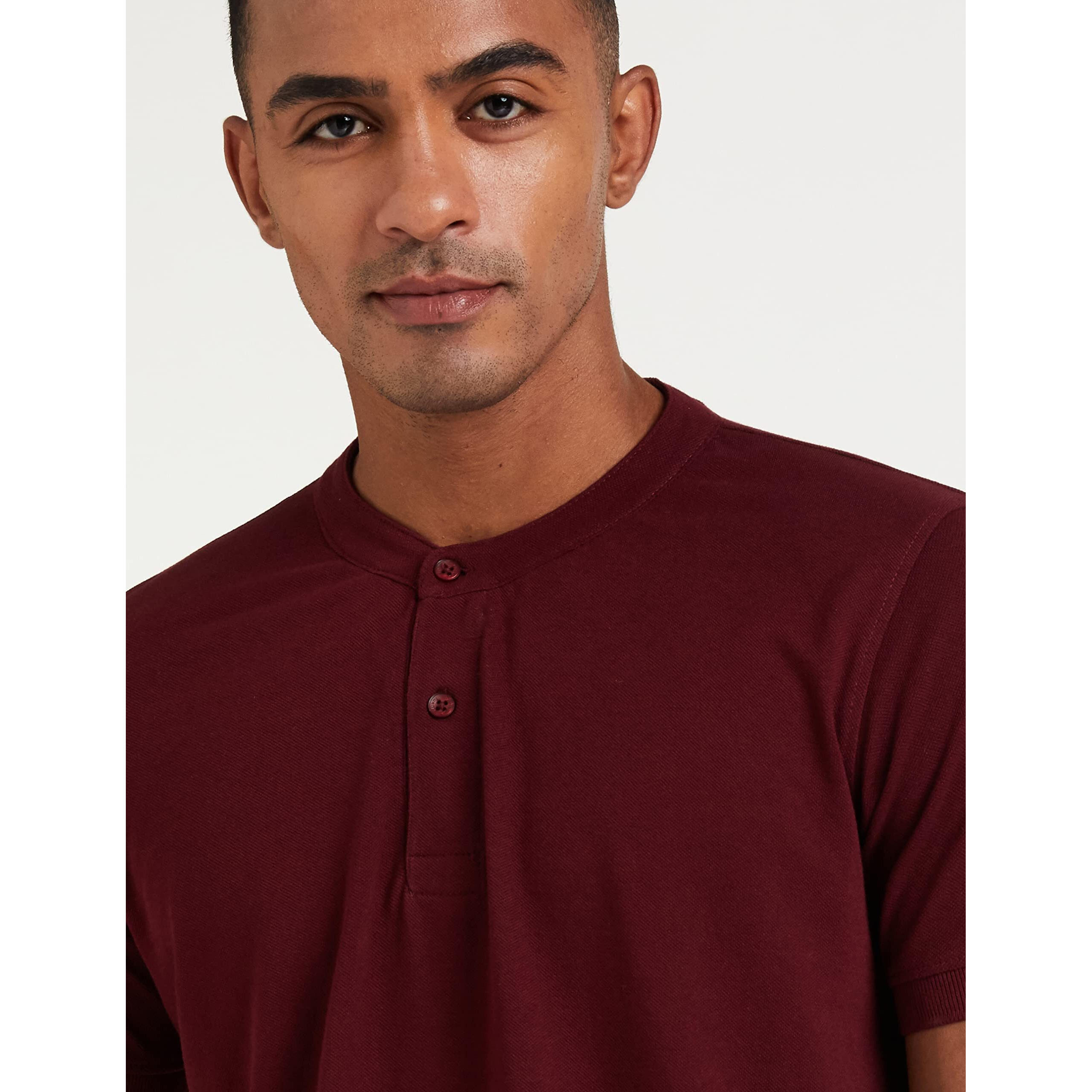 Amazon Brand - Symbol Men's Cotton Rich Polo T Shirt | Mandarin Collar Tshirts | Half Sleeves | Plain - Regular Fit (Pomegranate_M)
