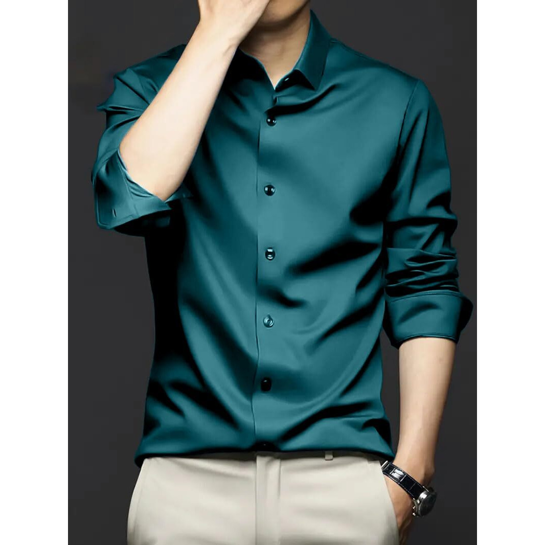 IndoPrimo Men's Stylish Solid Satin Casual Shirt for Men Full Sleeve (in, Alpha, M, Rama)