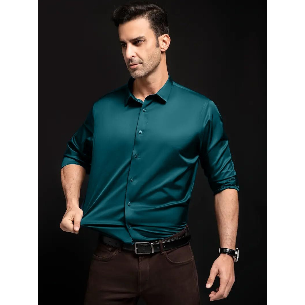 IndoPrimo Men's Stylish Solid Satin Casual Shirt for Men Full Sleeve (in, Alpha, M, Rama)