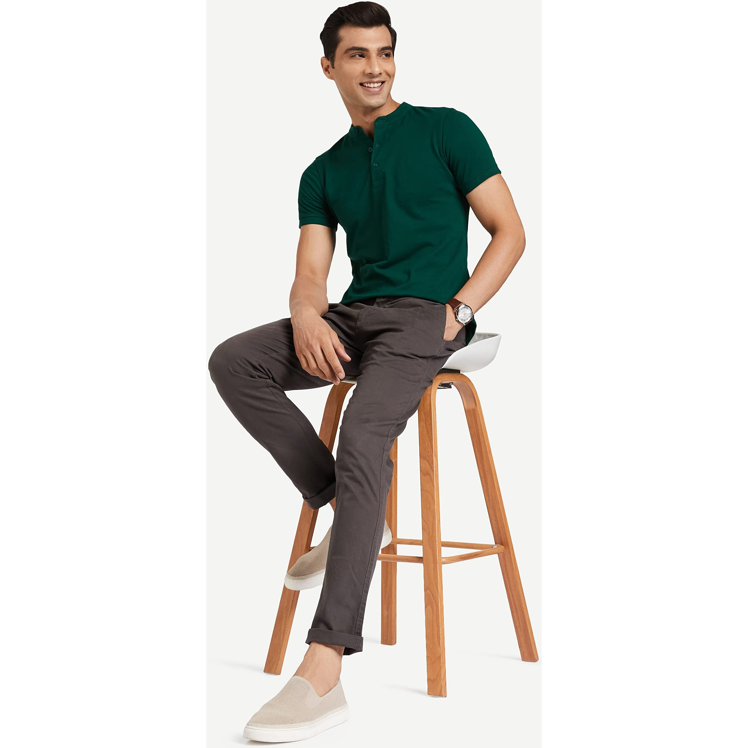 Amazon Brand - Symbol Men's Cotton Rich Polo T Shirt | Mandarin Collar Tshirts | Half Sleeves | Plain - Regular Fit (Eden Green_M)