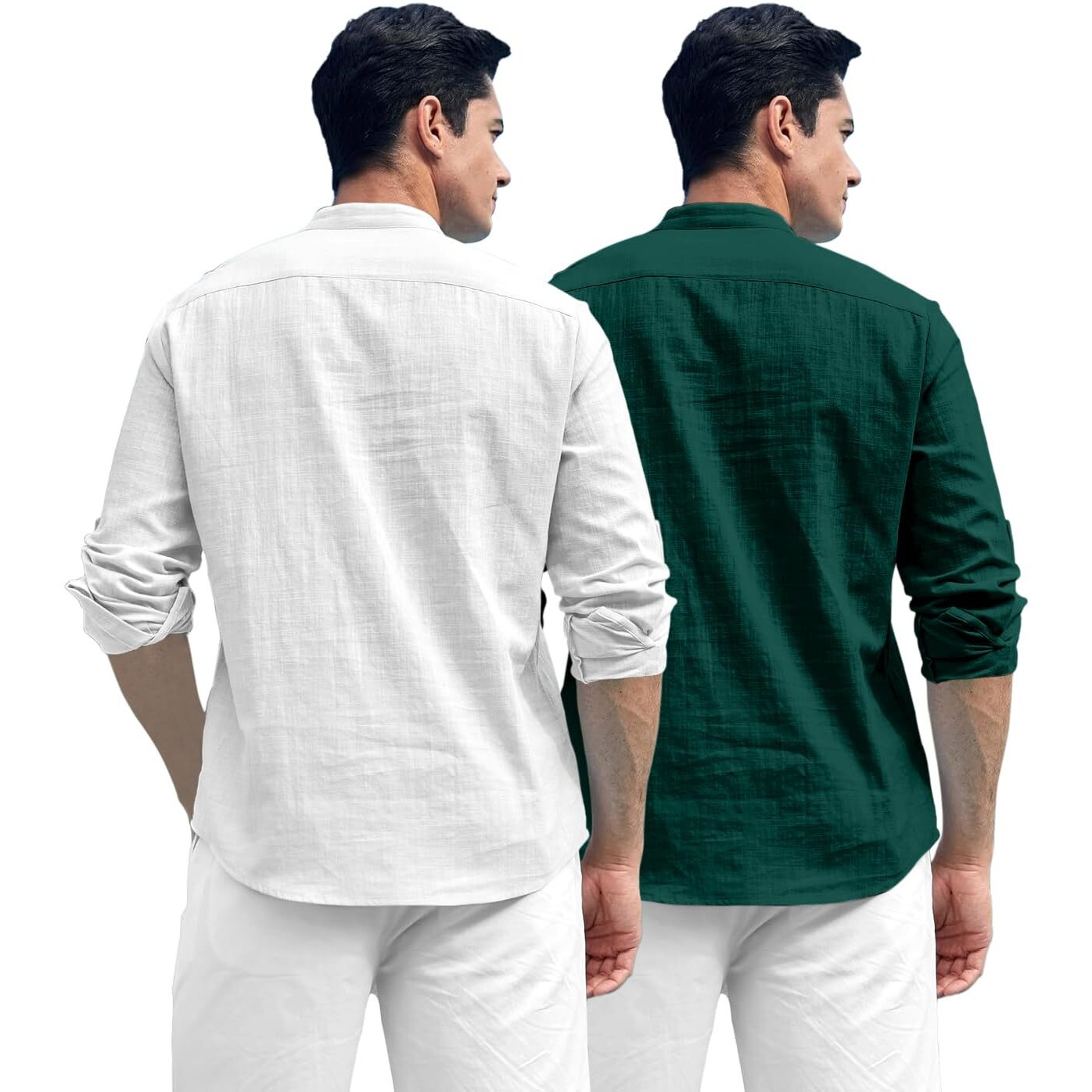 Zombom Combo of Men's Solid Cotton Blend Full Sleeve Straight Kurta Shirt (Pack of 2) White-Green