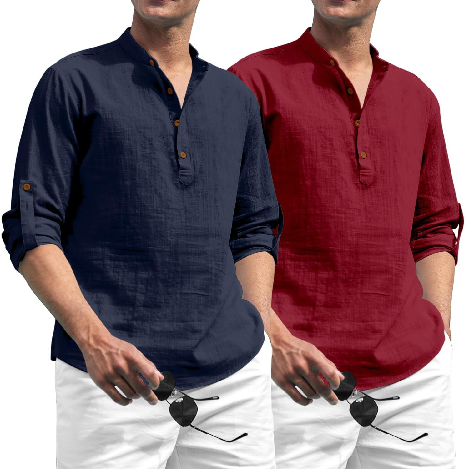 Zombom Combo of Men's Solid Cotton Blend Full Sleeve Straight Kurta Shirt (Pack of 2)