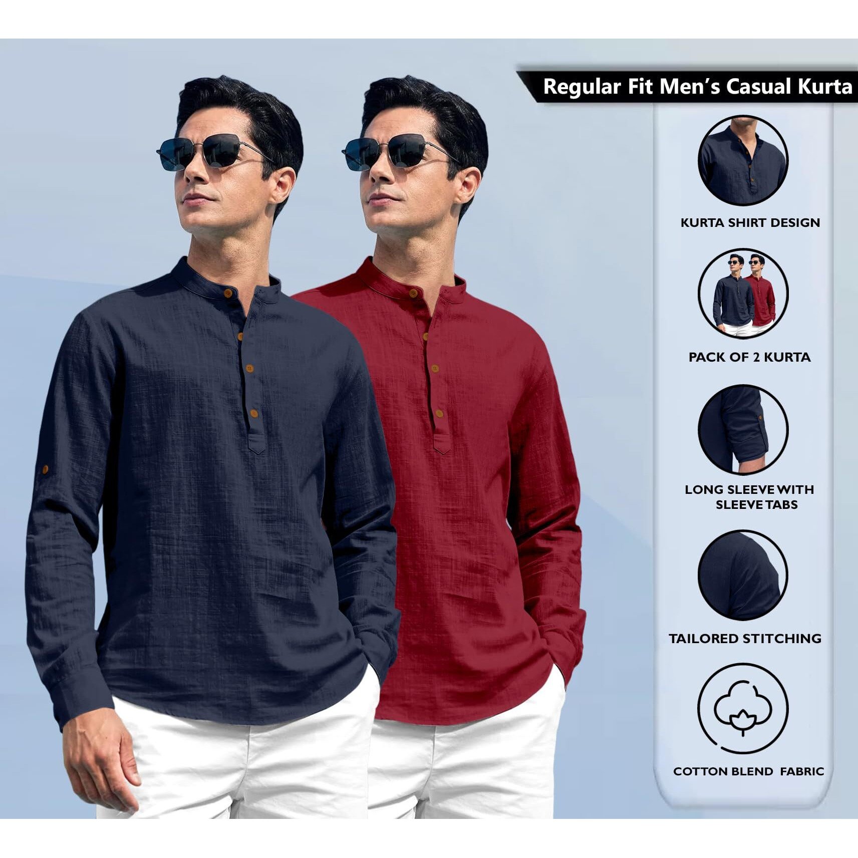 Zombom Combo of Men's Solid Cotton Blend Full Sleeve Straight Kurta Shirt (Pack of 2)