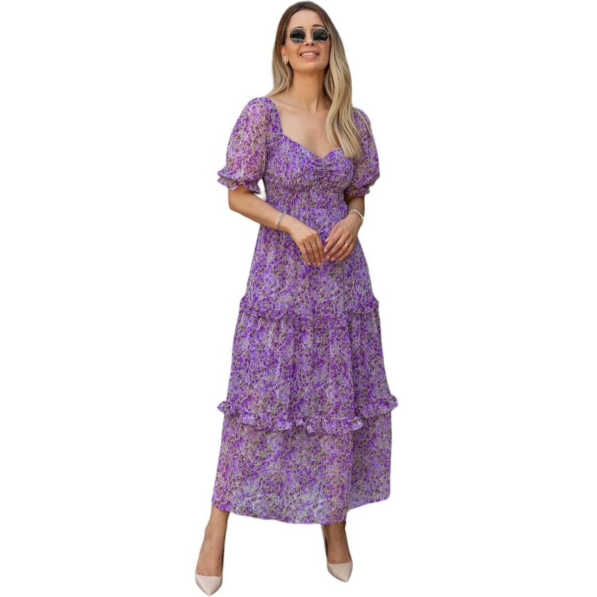 Sheetal Associates Women's Floral Puff Sleeve High Waist A Line Flowy Long Dress (Medium, Purple)