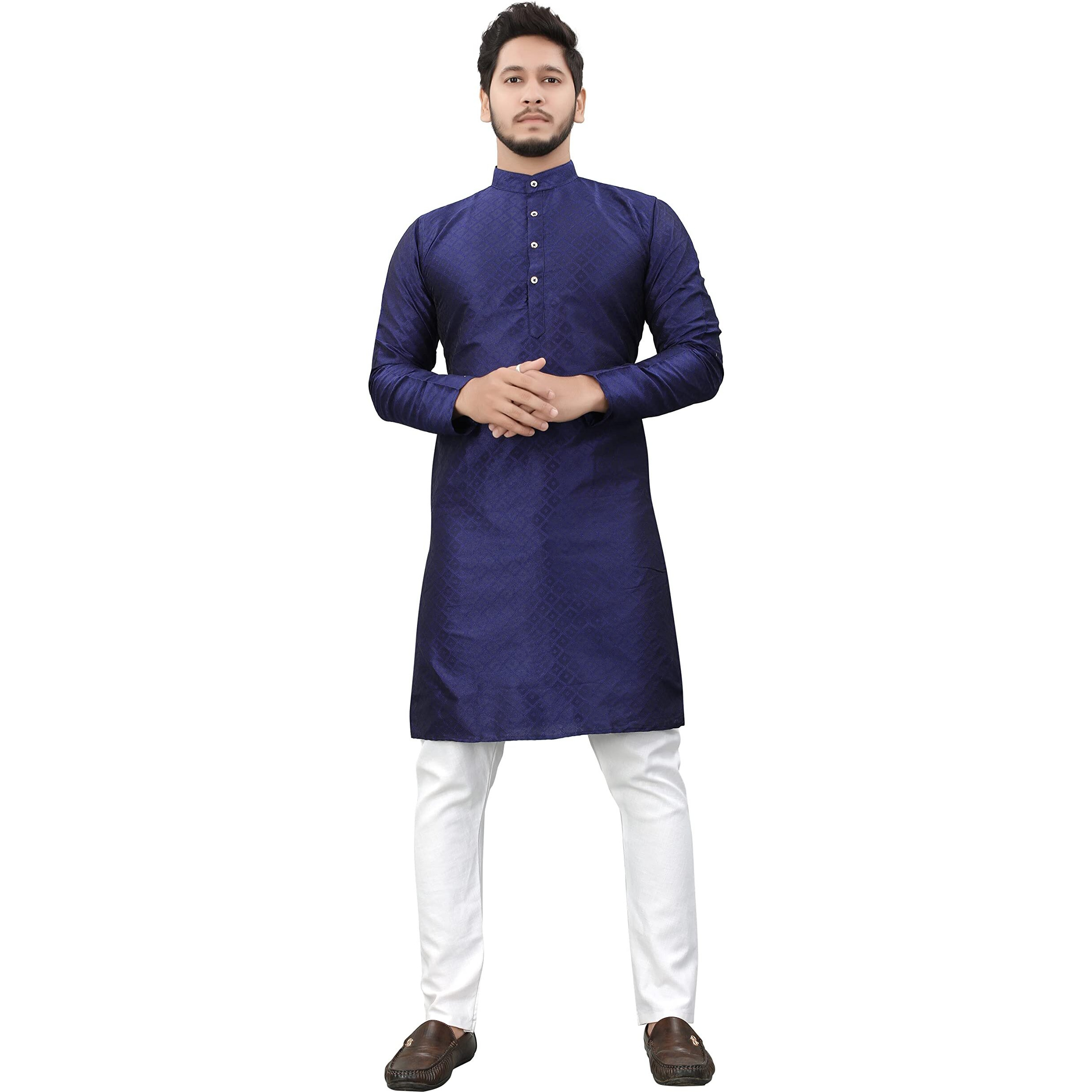 More & More Men's Cottan Blend Kurta Navy Blue