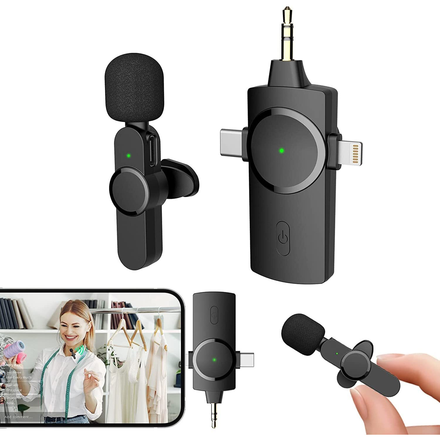 Careflection Wireless Clip Mic, Wireless Lavalier Microphones, Clip-on Microphone(Aisizo, for Smartphone, Laptop, Video Recording YouTube Live Stream (3 in 1 Microphone)