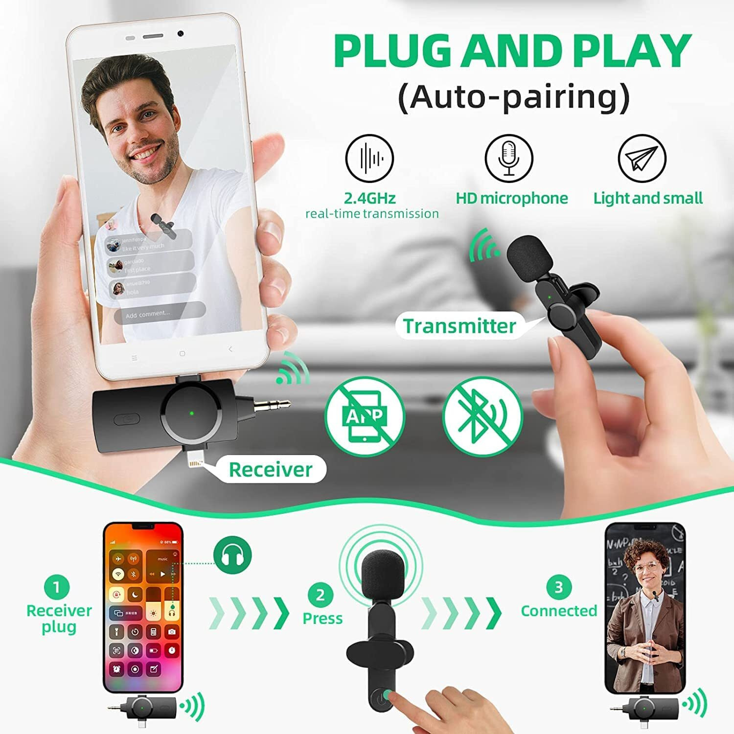 Careflection Wireless Clip Mic, Wireless Lavalier Microphones, Clip-on Microphone(Aisizo, for Smartphone, Laptop, Video Recording YouTube Live Stream (3 in 1 Microphone)