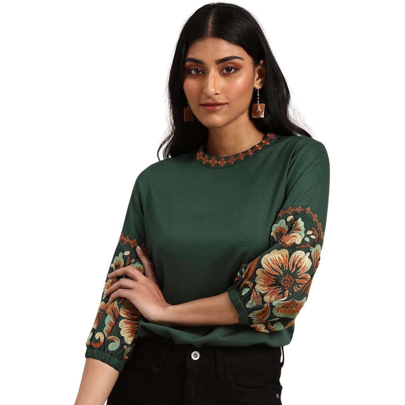 rytras Women's Embroidered Regular Top(Green,L)
