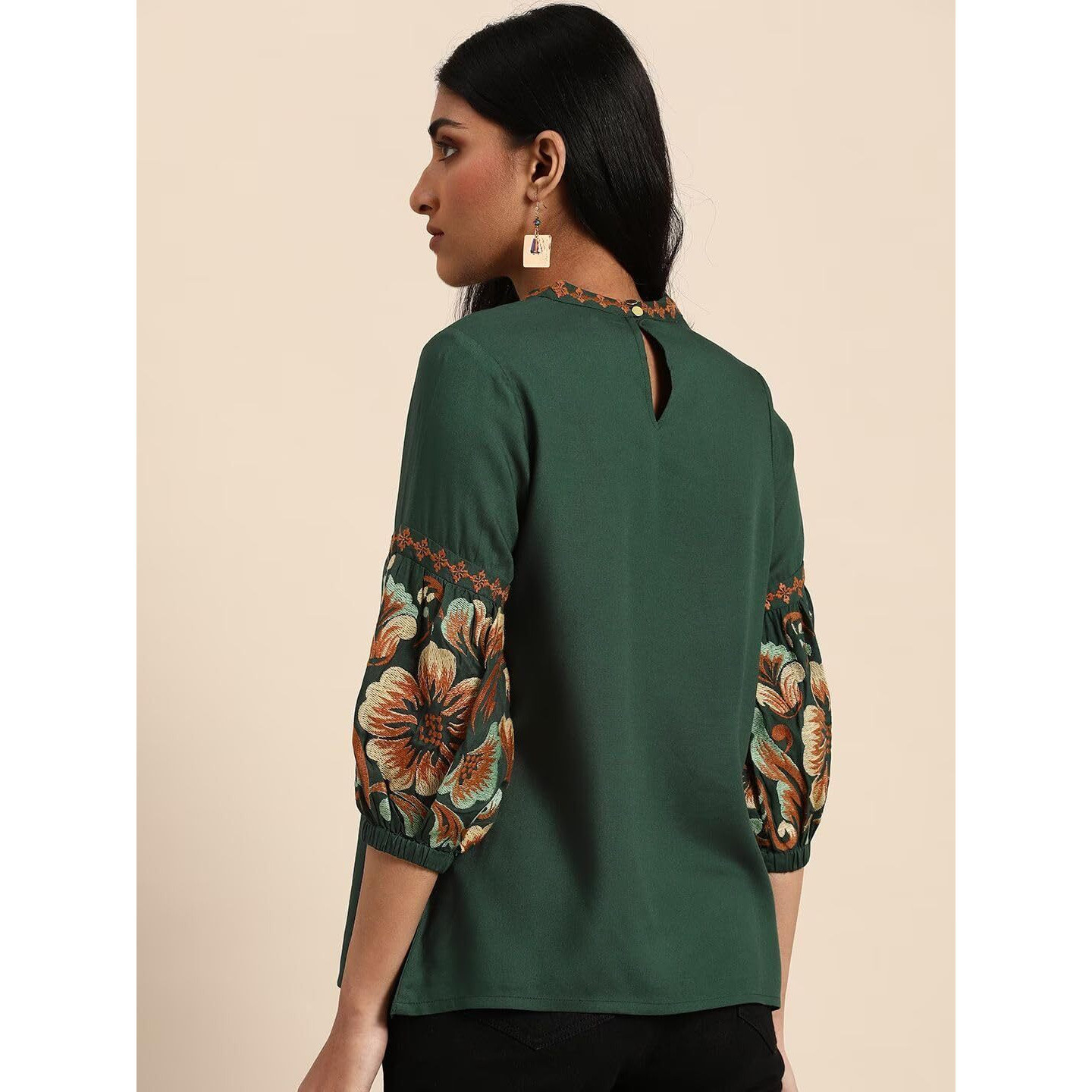 rytras Women's Embroidered Regular Top(Green,L)