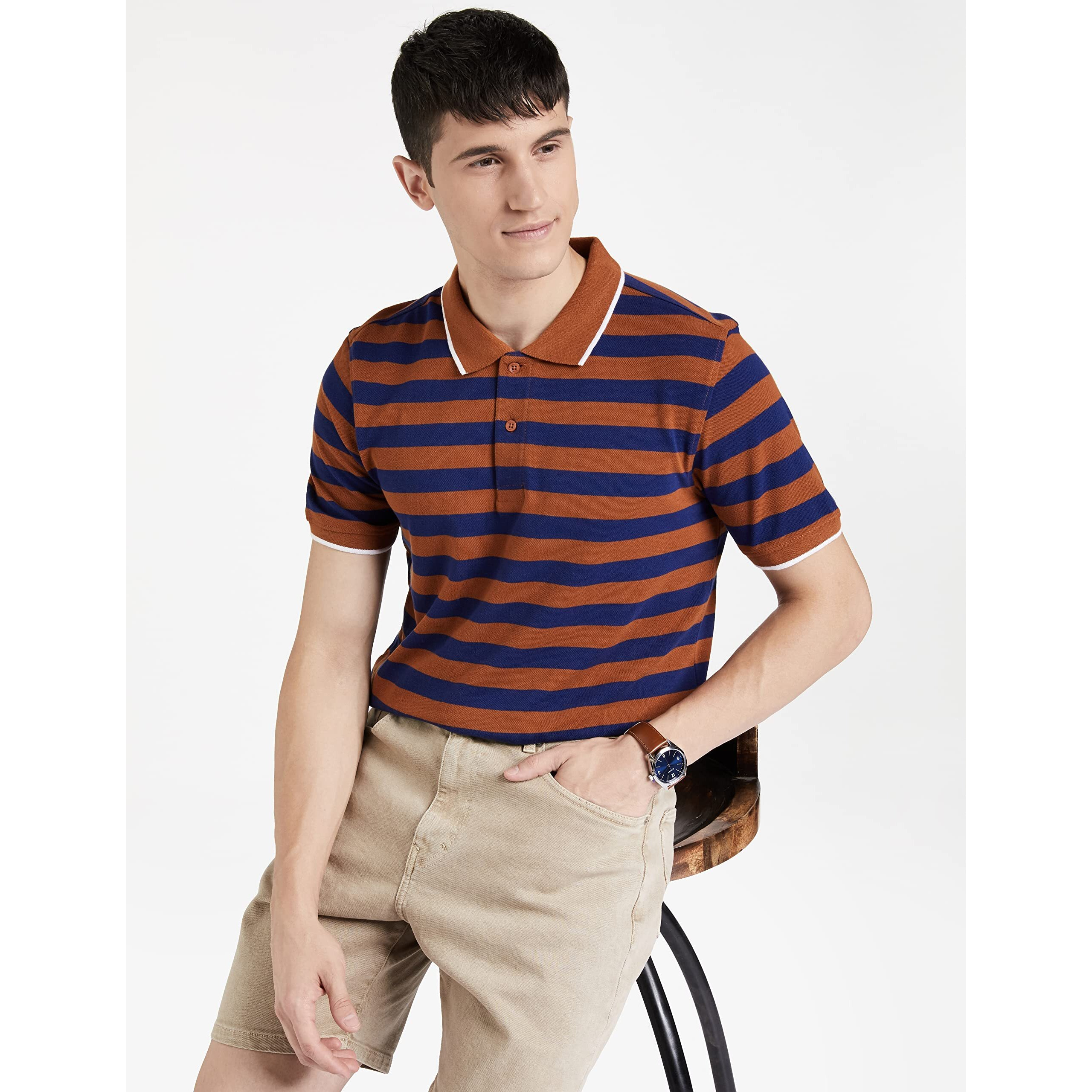 Amazon Brand - Symbol Men's Cotton Rich Striped Polo T Shirt | Collar Tshirts | Half Sleeves - Regular Fit (Glazed Ginger and Estate Blue_3XL)