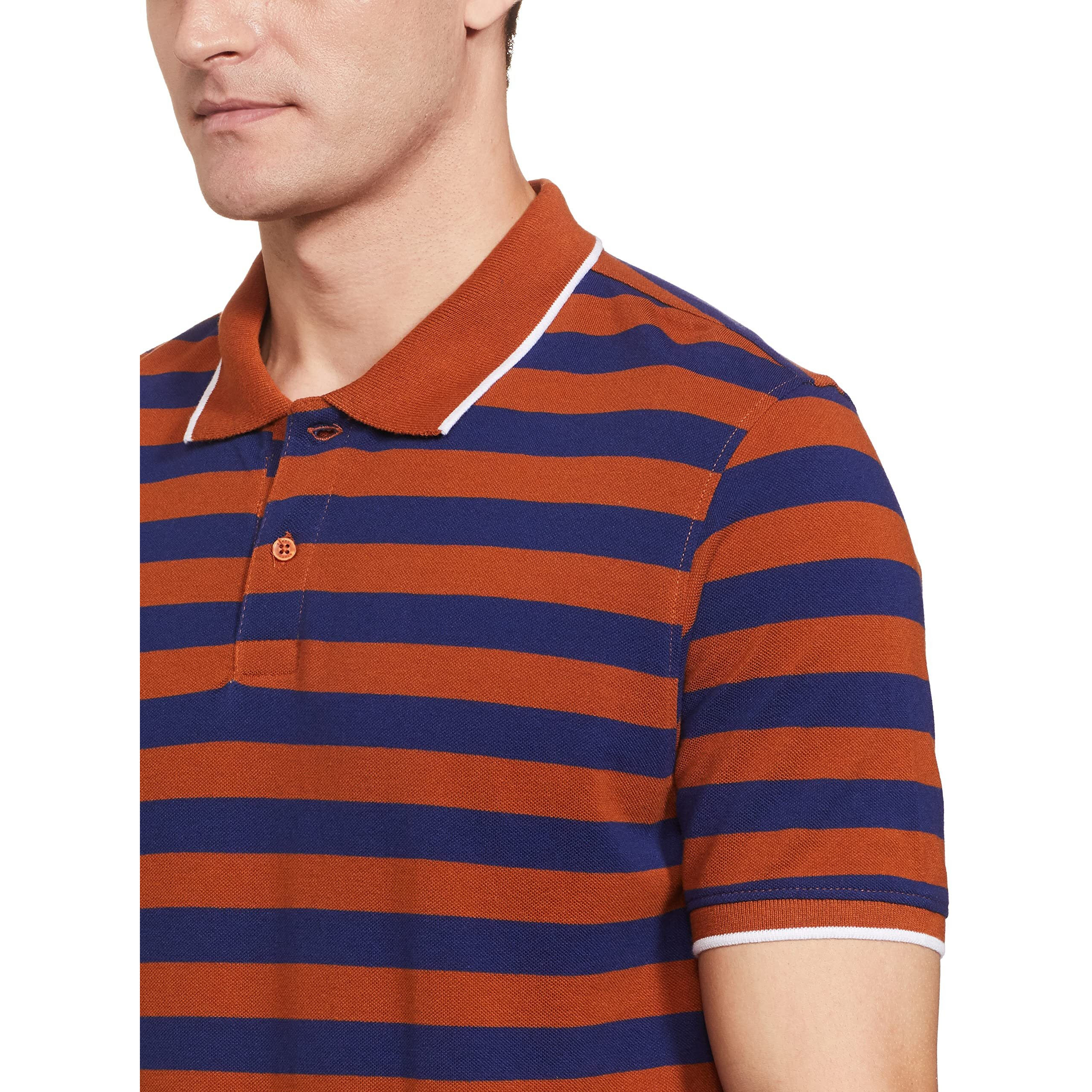 Amazon Brand - Symbol Men's Cotton Rich Striped Polo T Shirt | Collar Tshirts | Half Sleeves - Regular Fit (Glazed Ginger and Estate Blue_3XL)