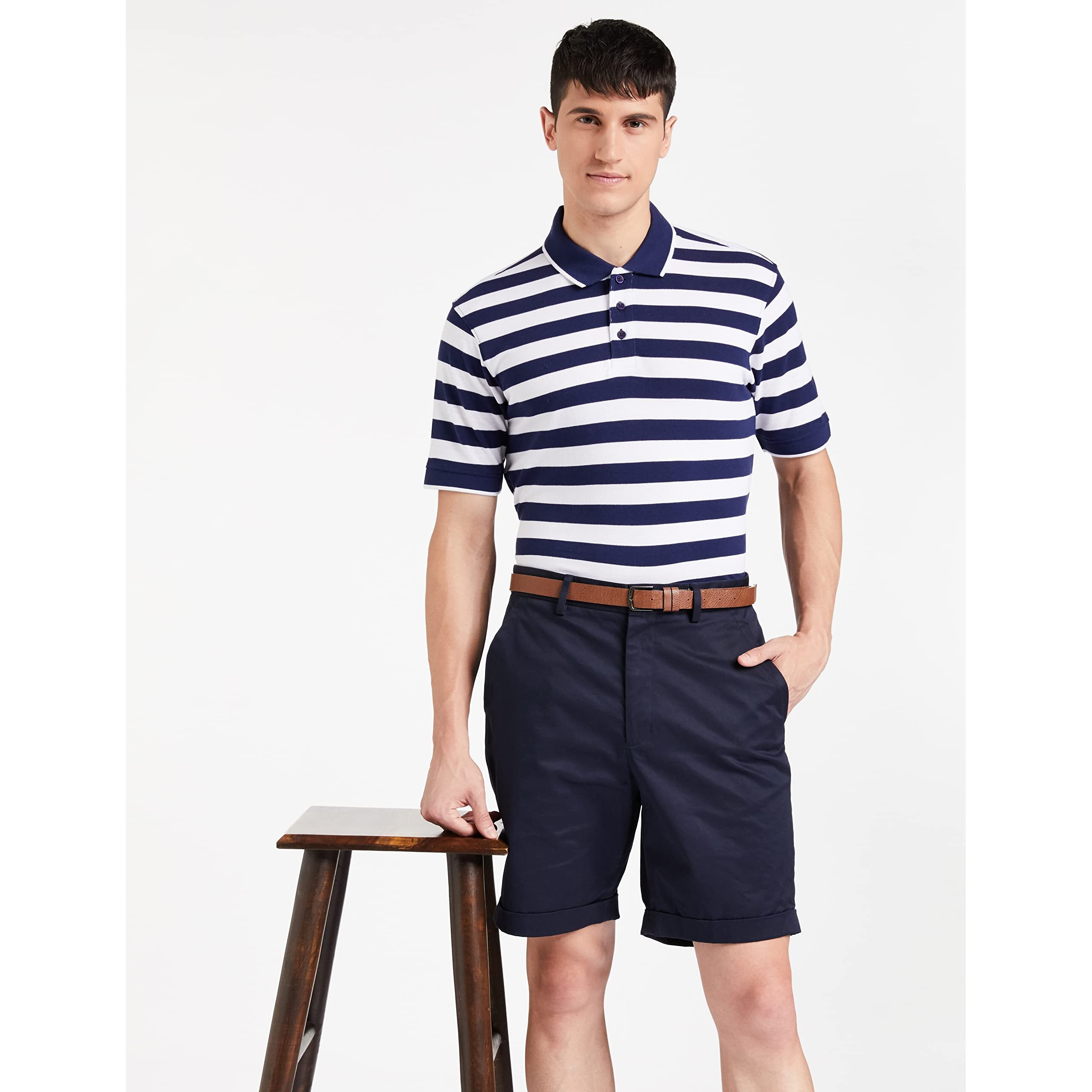 Amazon Brand - Symbol Men's Cotton Rich Striped Polo T Shirt | Collar Tshirts | Half Sleeves - Regular Fit (Estate Blue and White_3XL)