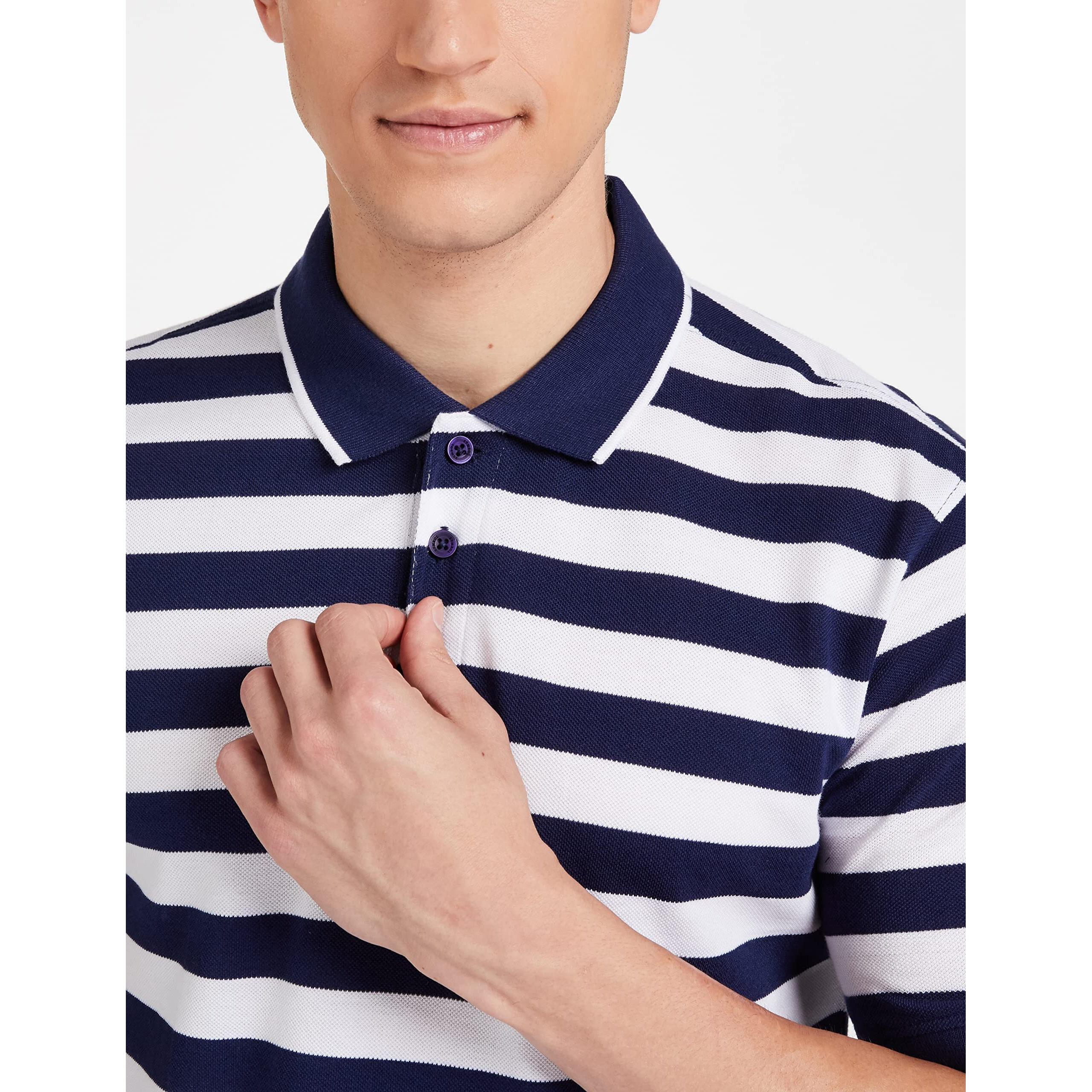 Amazon Brand - Symbol Men's Cotton Rich Striped Polo T Shirt | Collar Tshirts | Half Sleeves - Regular Fit (Estate Blue and White_3XL)