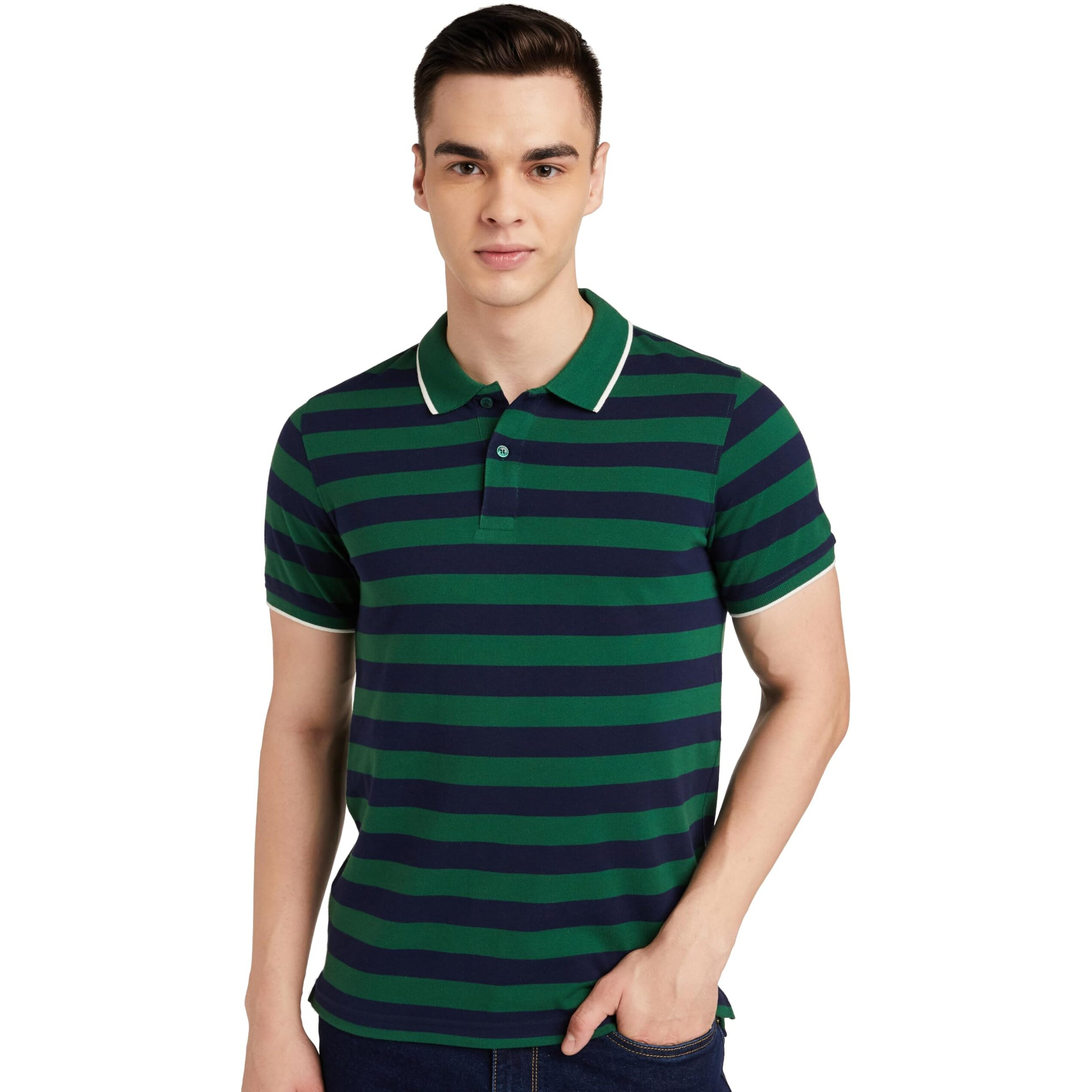 Amazon Brand - Symbol Men's Cotton Rich Striped Polo T Shirt | Collar Tshirts | Half Sleeves - Regular Fit (Peacot Blue and Eden Green_3XL)