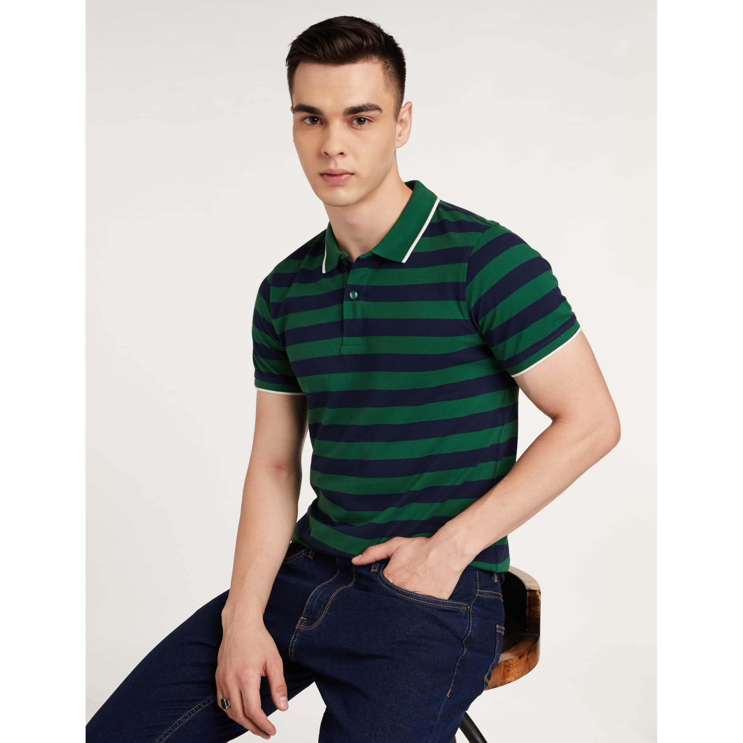 Amazon Brand - Symbol Men's Cotton Rich Striped Polo T Shirt | Collar Tshirts | Half Sleeves - Regular Fit (Peacot Blue and Eden Green_3XL)