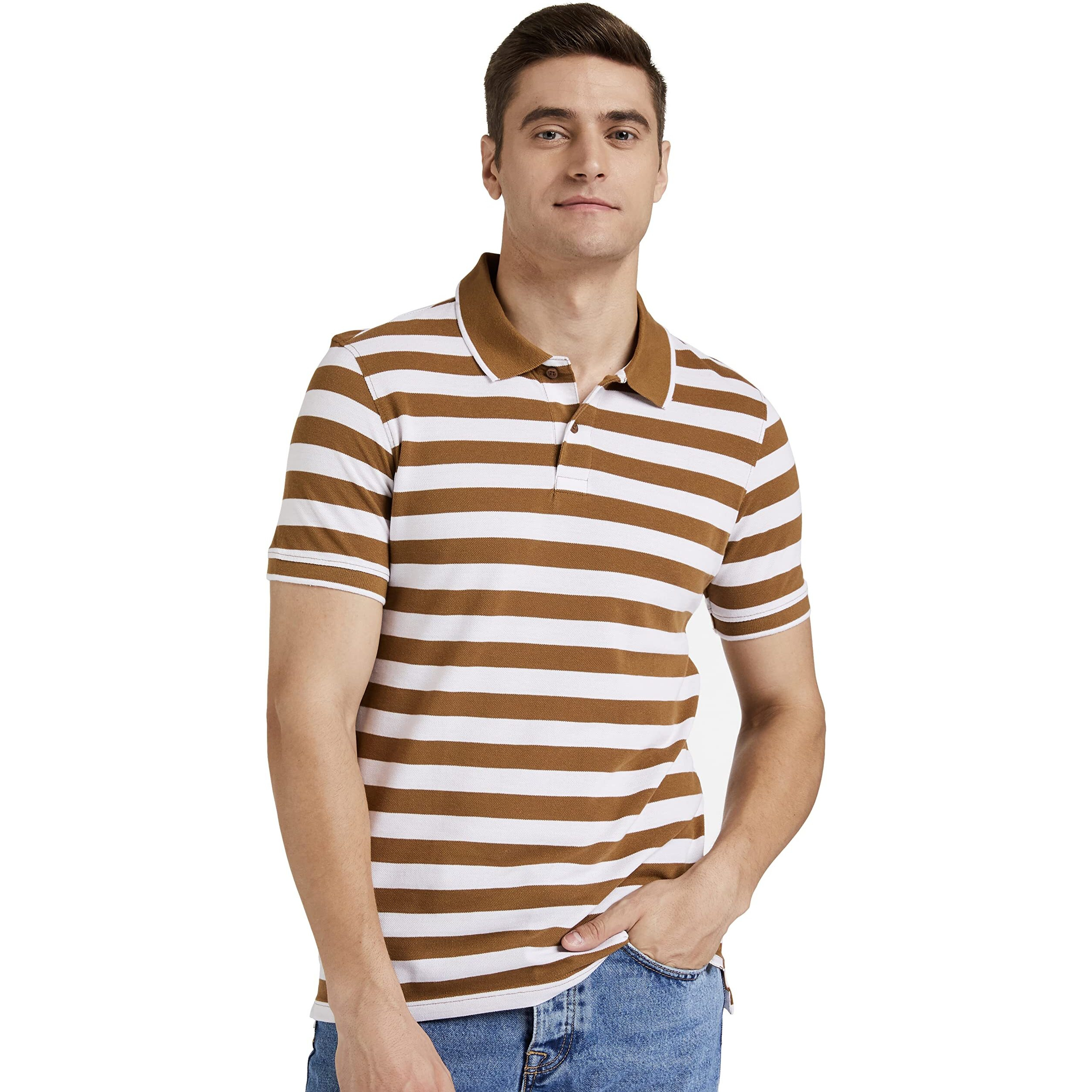 Amazon Brand - Symbol Men's Cotton Rich Striped Polo T Shirt | Collar Tshirts | Half Sleeves - Regular Fit (Burnt Green and White_2XL)