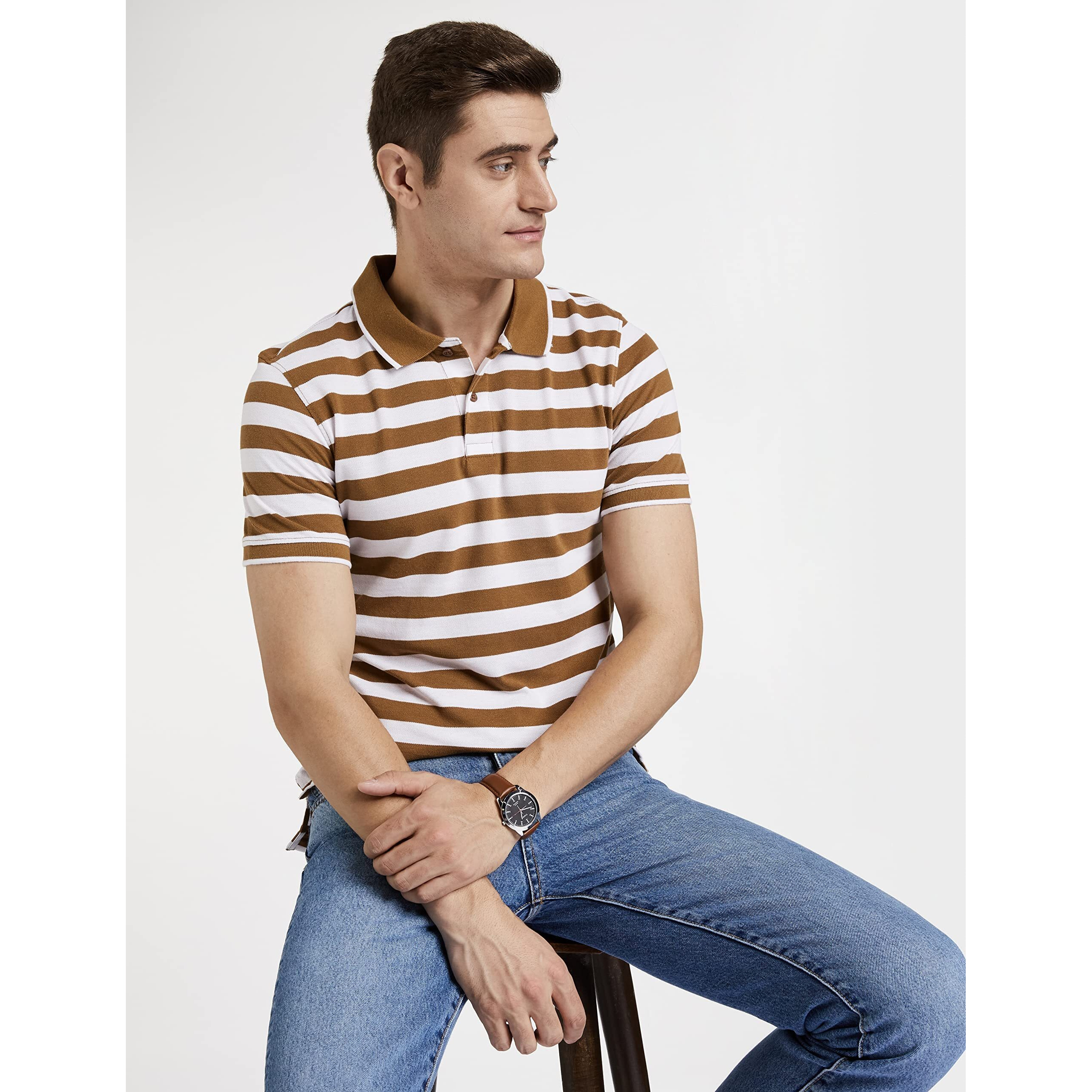 Amazon Brand - Symbol Men's Cotton Rich Striped Polo T Shirt | Collar Tshirts | Half Sleeves - Regular Fit (Burnt Green and White_2XL)