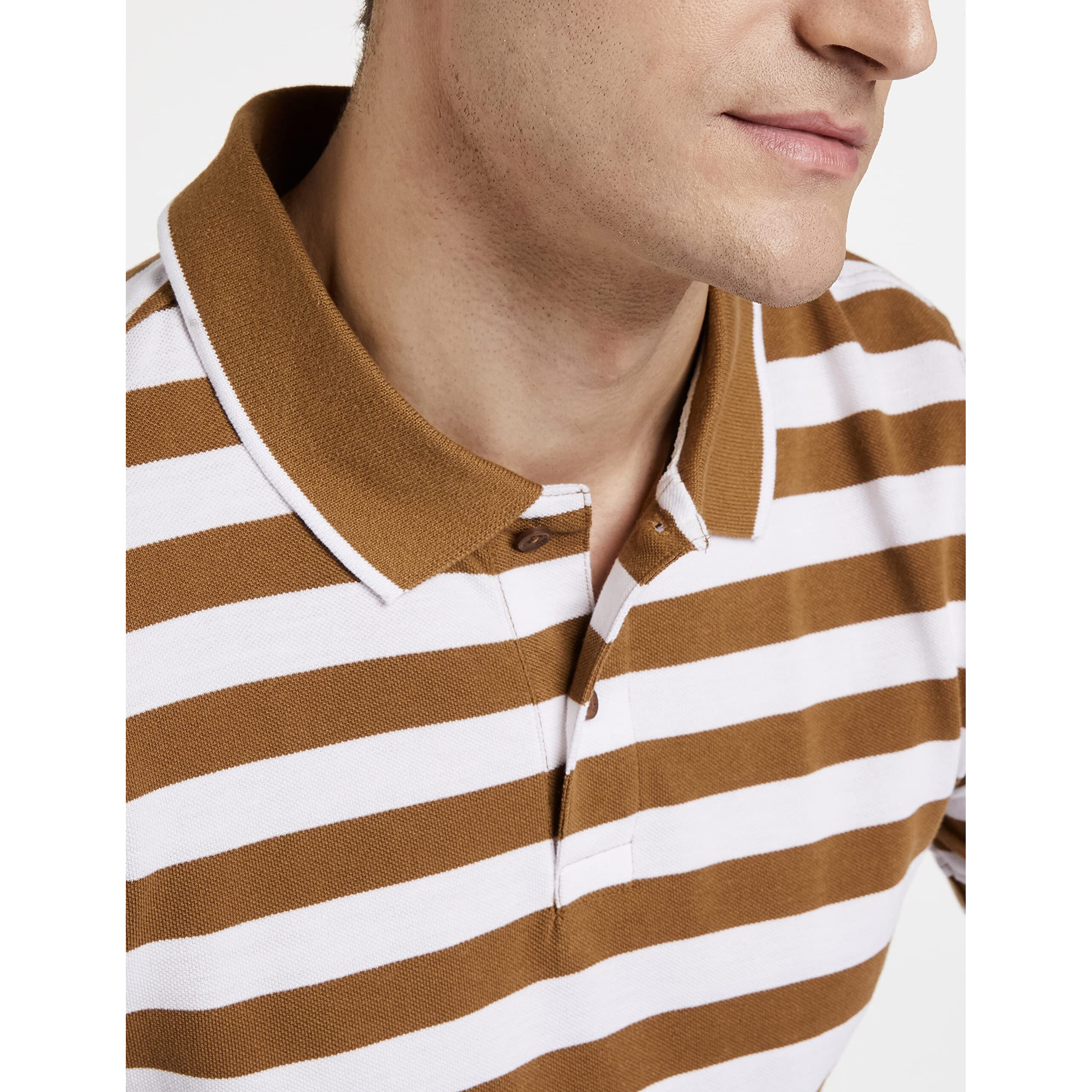 Amazon Brand - Symbol Men's Cotton Rich Striped Polo T Shirt | Collar Tshirts | Half Sleeves - Regular Fit (Burnt Green and White_2XL)