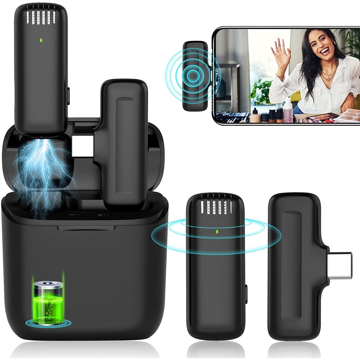 Careflection Wireless Clip Mic, Wireless Lavalier Microphones, Clip-on Microphone(Aisizo, for Smartphone, Laptop, Video Recording YouTube Live Stream (J11 Microphone C-Type)
