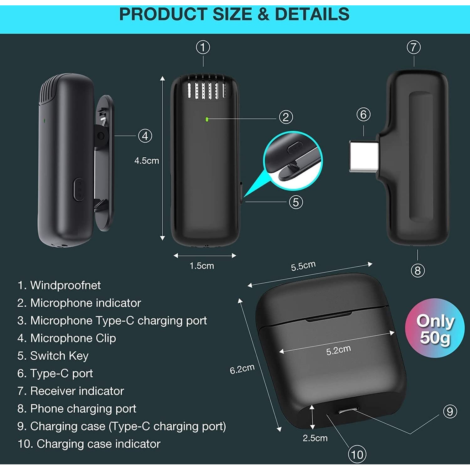 Careflection Wireless Clip Mic, Wireless Lavalier Microphones, Clip-on Microphone(Aisizo, for Smartphone, Laptop, Video Recording YouTube Live Stream (J11 Microphone C-Type)