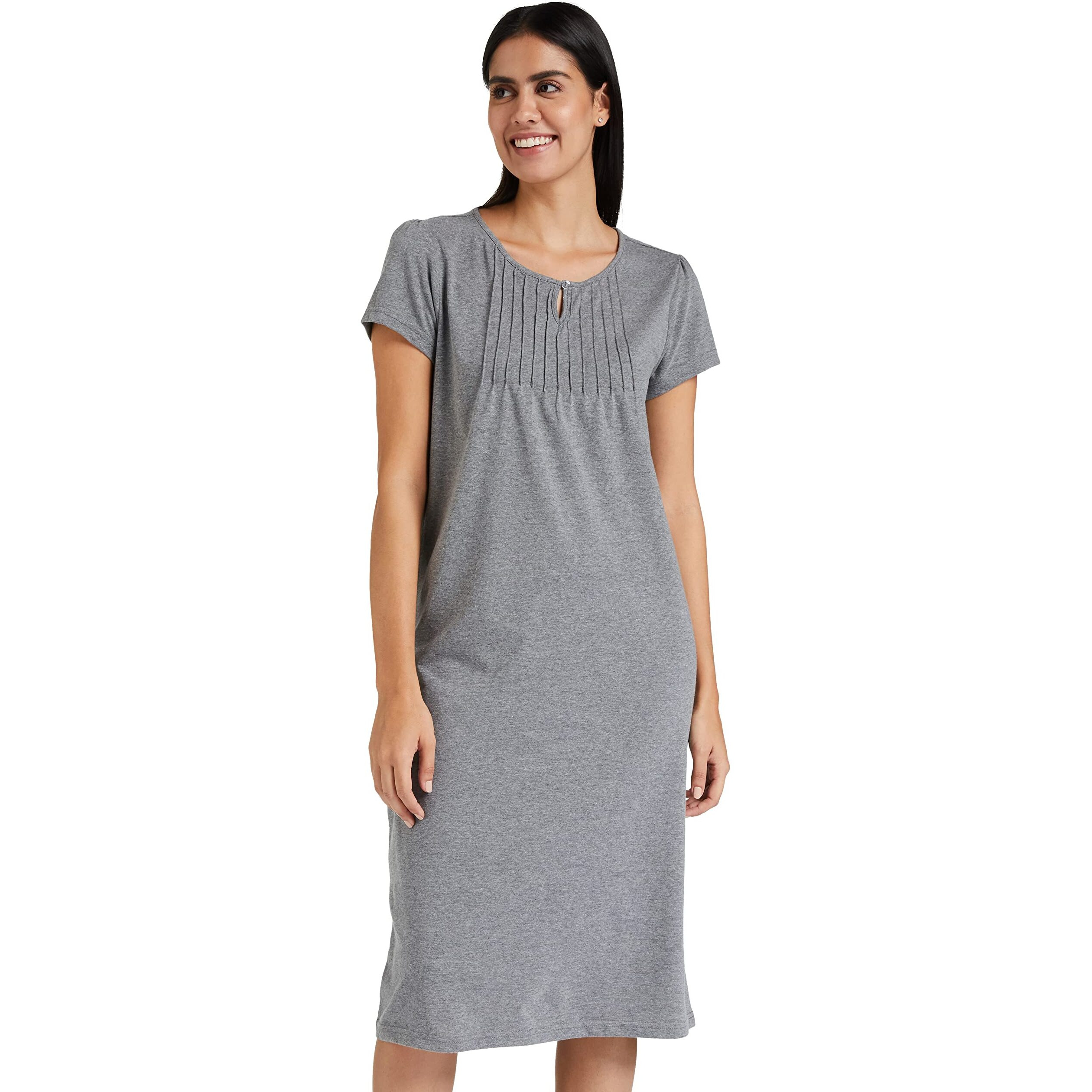 Amazon Brand - Symbol Women's Cotton Solid Knee Length Night Gown (SS19UTSDR04-GP-07_Grey_Large_Grey_L)