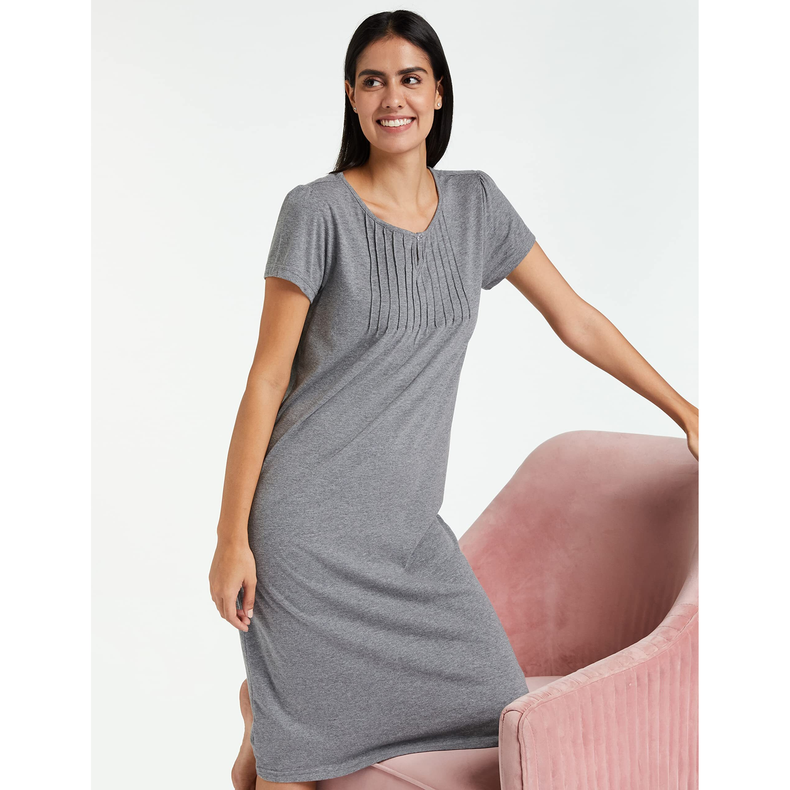 Amazon Brand - Symbol Women's Cotton Solid Knee Length Night Gown (SS19UTSDR04-GP-07_Grey_Large_Grey_L)