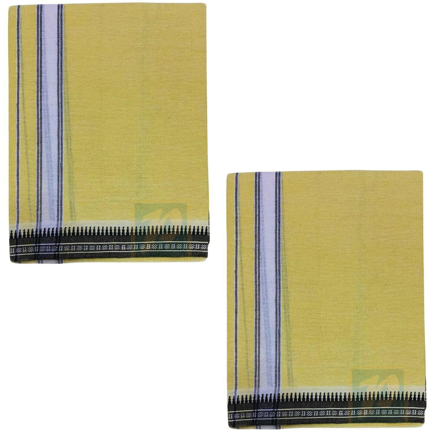 PRAKASAM COTTON Mens Single (1.28 X 2.00 mtrs) Colour Thalapathi Border Dhoties/fine quality Single Dhoties (Yellow)-Pack of 2 Dhoties