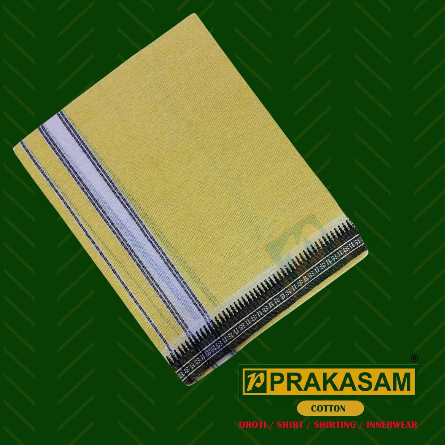 PRAKASAM COTTON Mens Single (1.28 X 2.00 mtrs) Colour Thalapathi Border Dhoties/fine quality Single Dhoties (Yellow)-Pack of 2 Dhoties