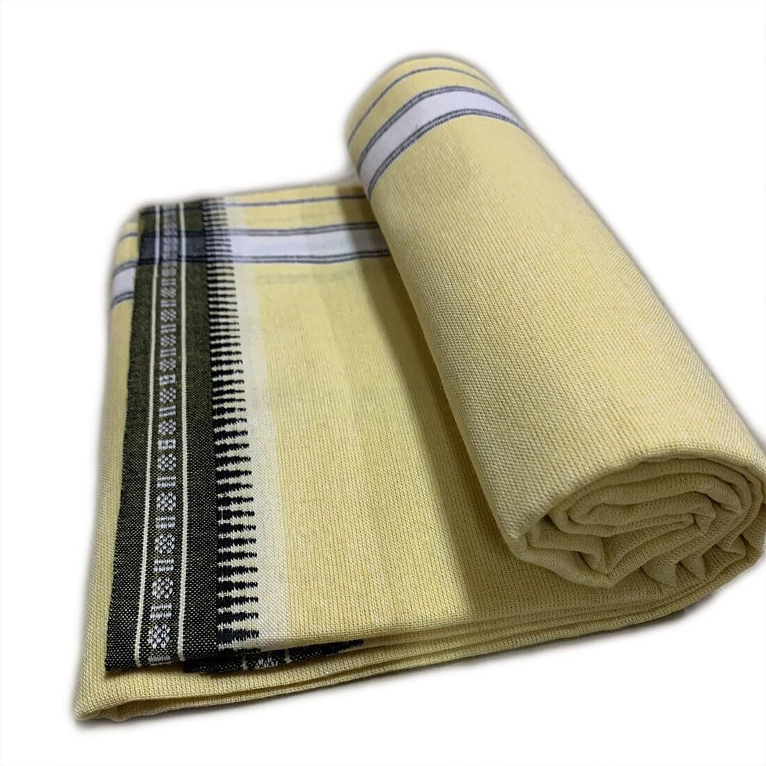 PRAKASAM COTTON Mens Single (1.28 X 2.00 mtrs) Colour Thalapathi Border Dhoties/fine quality Single Dhoties (Yellow)-Pack of 2 Dhoties