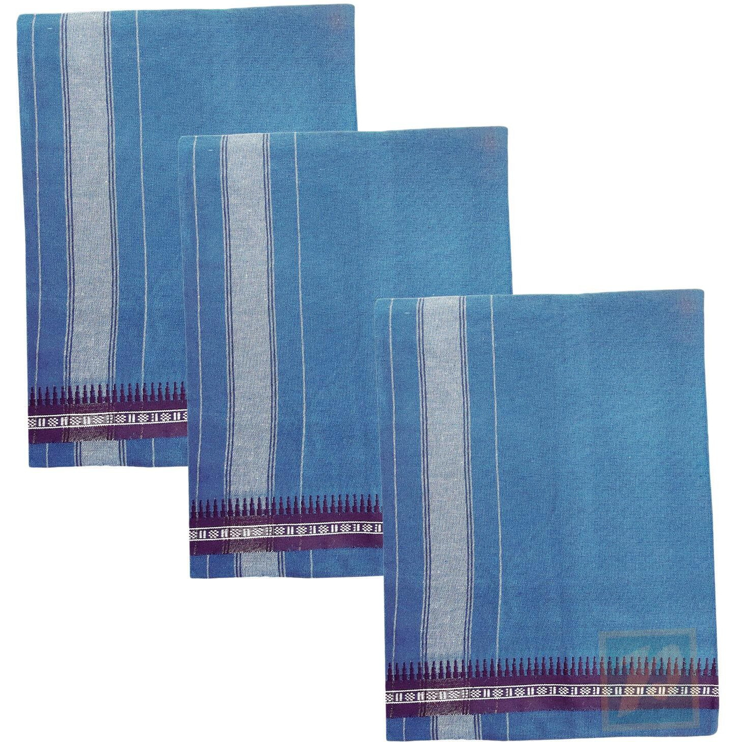 PRAKASAM COTTON Mens Single (1.28 X 2.00 mtrs) Colour Thalapathi Border Dhoties/fine quality Single Dhoties (Peacock Green)-Pack of 3 Dhoties
