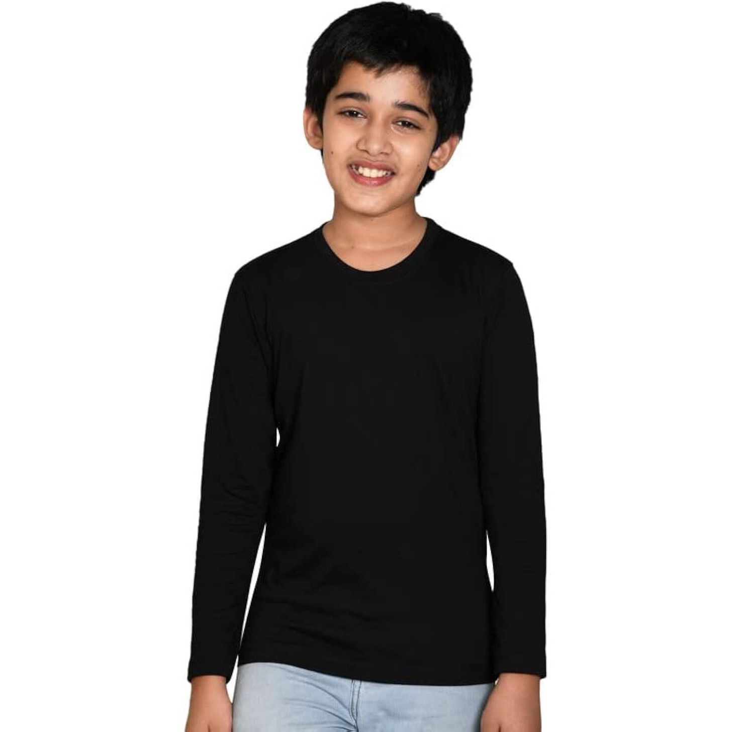 Nusyl Boy's Black Solid Tee| Plain | Round Neck | Full Sleeve - Regular Fit