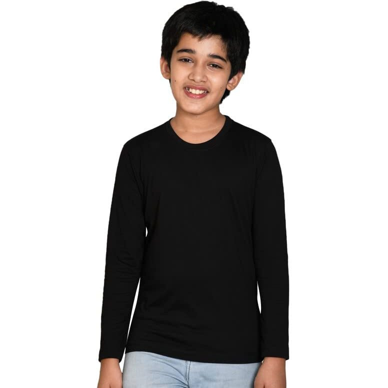 Nusyl Boy's Black Solid Tee| Plain | Round Neck | Full Sleeve - Regular Fit