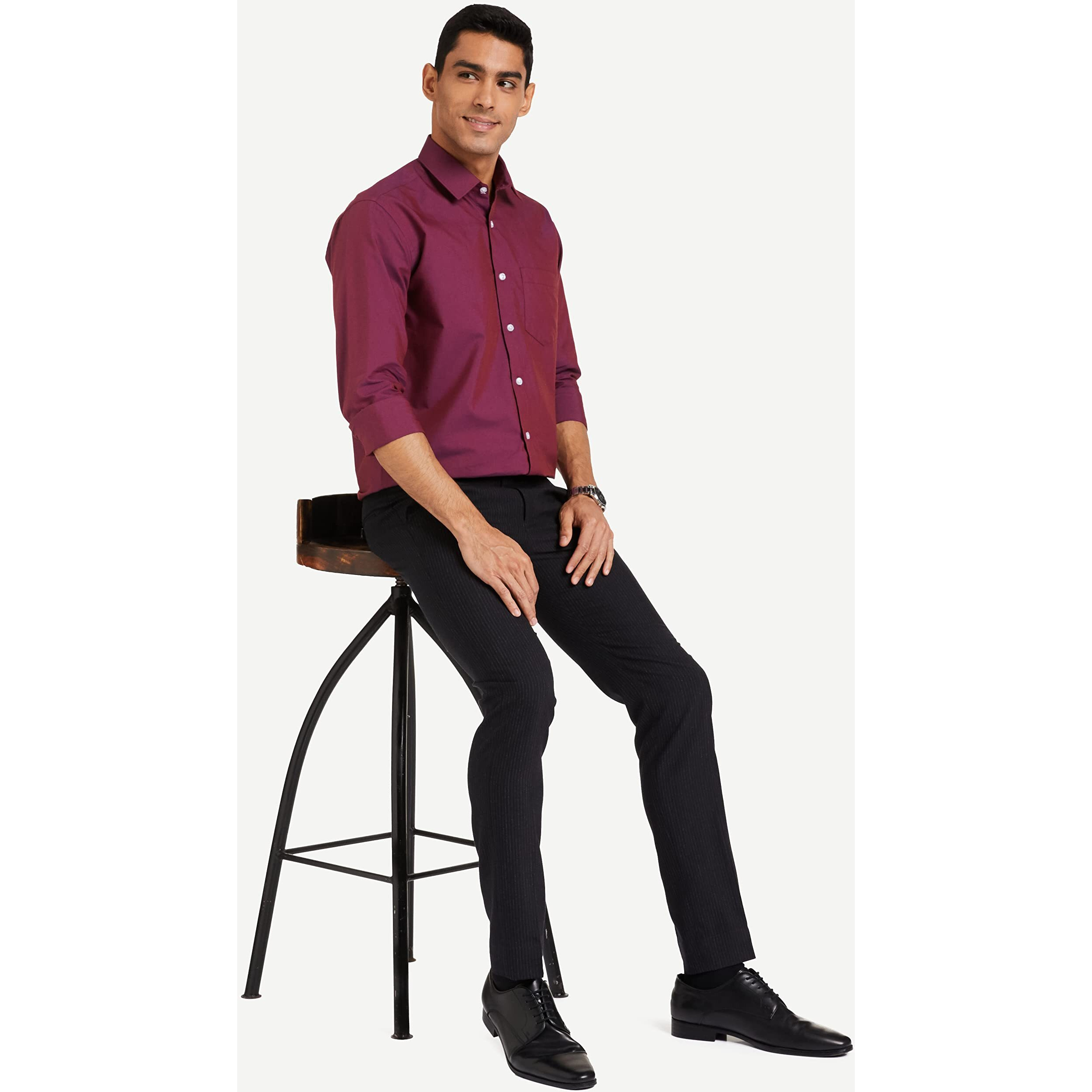 Amazon Brand - Symbol Men's Cotton Rich Formal Shirt | Plain | Full Sleeve - Regular Fit (Available in Plus Size) (Navy/Maroon_40)