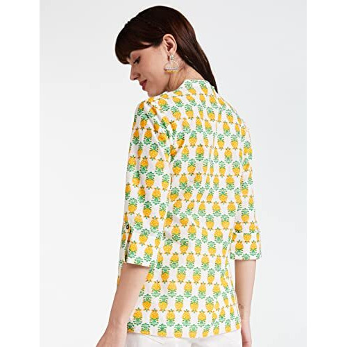 Amazon Brand - Myx Women's Cotton Printed Regular Short Kurti (NIT001CORE10C_Multi-Yellow/white1_2XL)