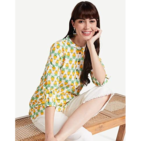 Amazon Brand - Myx Women's Cotton Printed Regular Short Kurti (NIT001CORE10C_Multi-Yellow/white1_2XL)