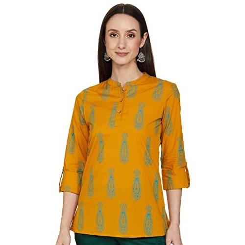 Amazon Brand - Myx Women's Cotton Screen Print Straight Short Kurti (SS19MYXTP019C2_Mustard_M)