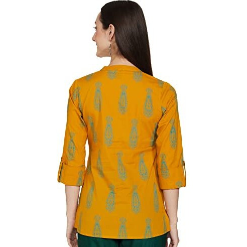 Amazon Brand - Myx Women's Cotton Screen Print Straight Short Kurti (SS19MYXTP019C2_Mustard_M)