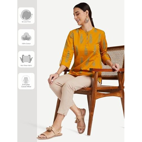 Amazon Brand - Myx Women's Cotton Screen Print Straight Short Kurti (SS19MYXTP019C2_Mustard_M)