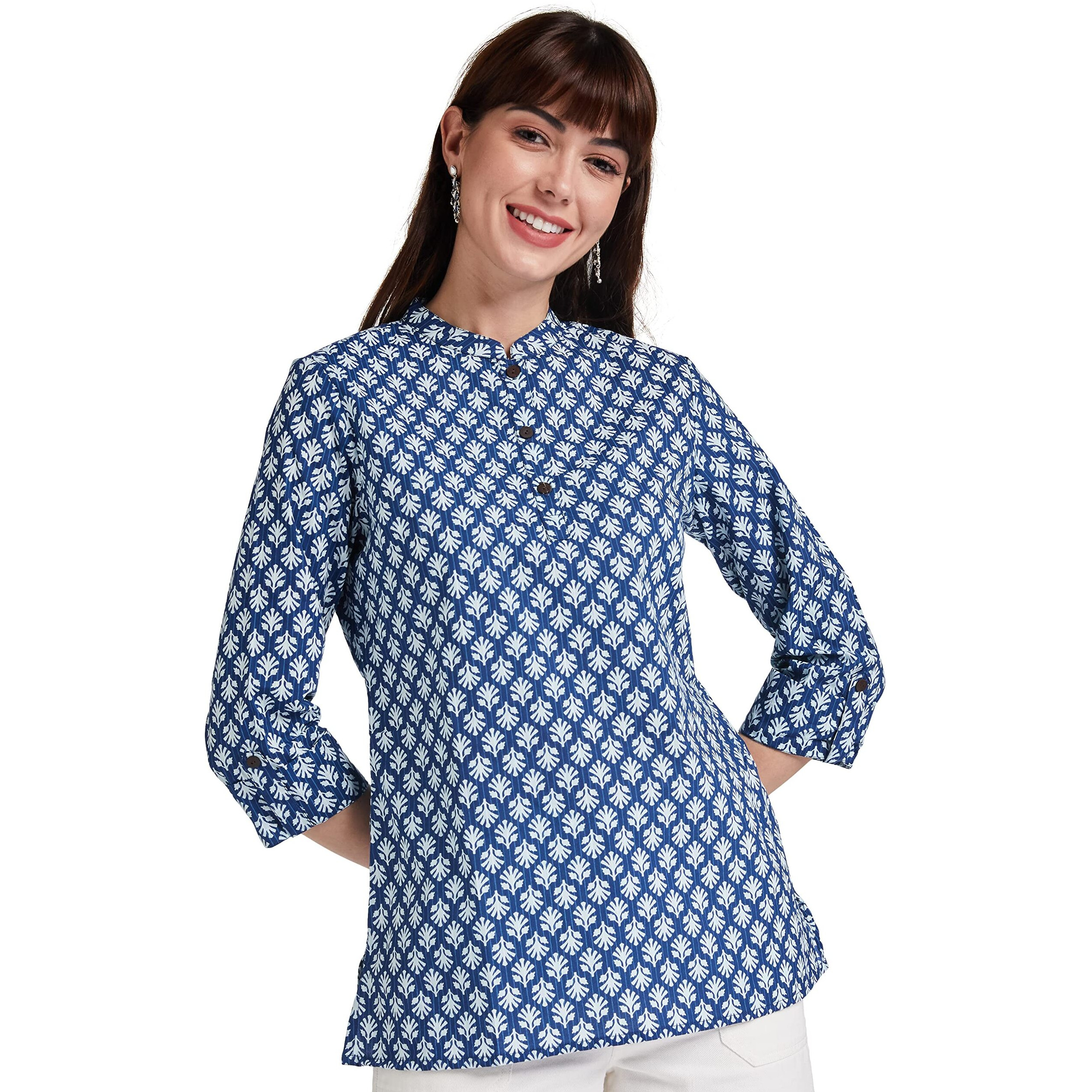 Amazon Brand - Myx Women's Cotton Printed Regular Short Kurti (NIT001CORE2_Navy_2XL)