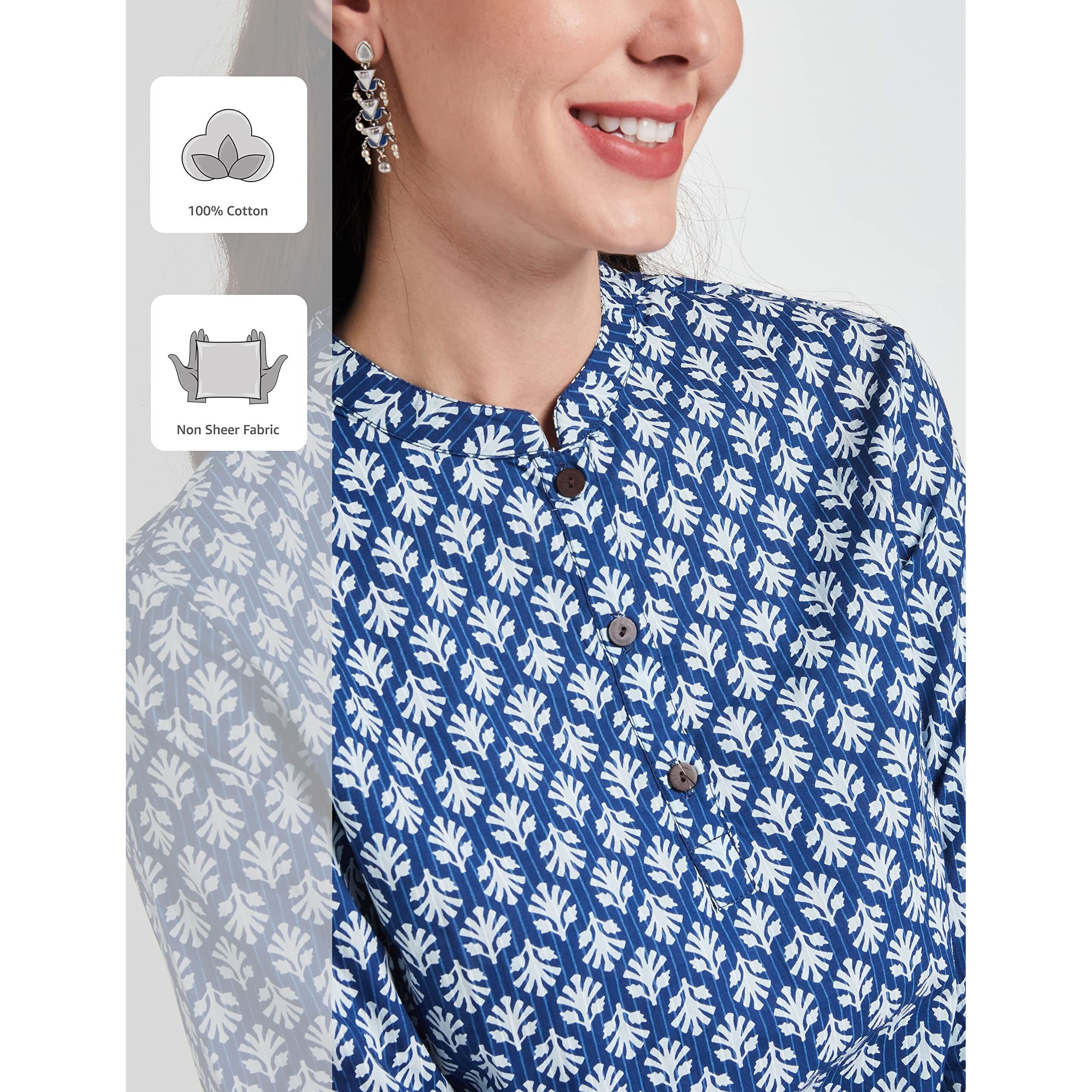 Amazon Brand - Myx Women's Cotton Printed Regular Short Kurti (NIT001CORE2_Navy_2XL)