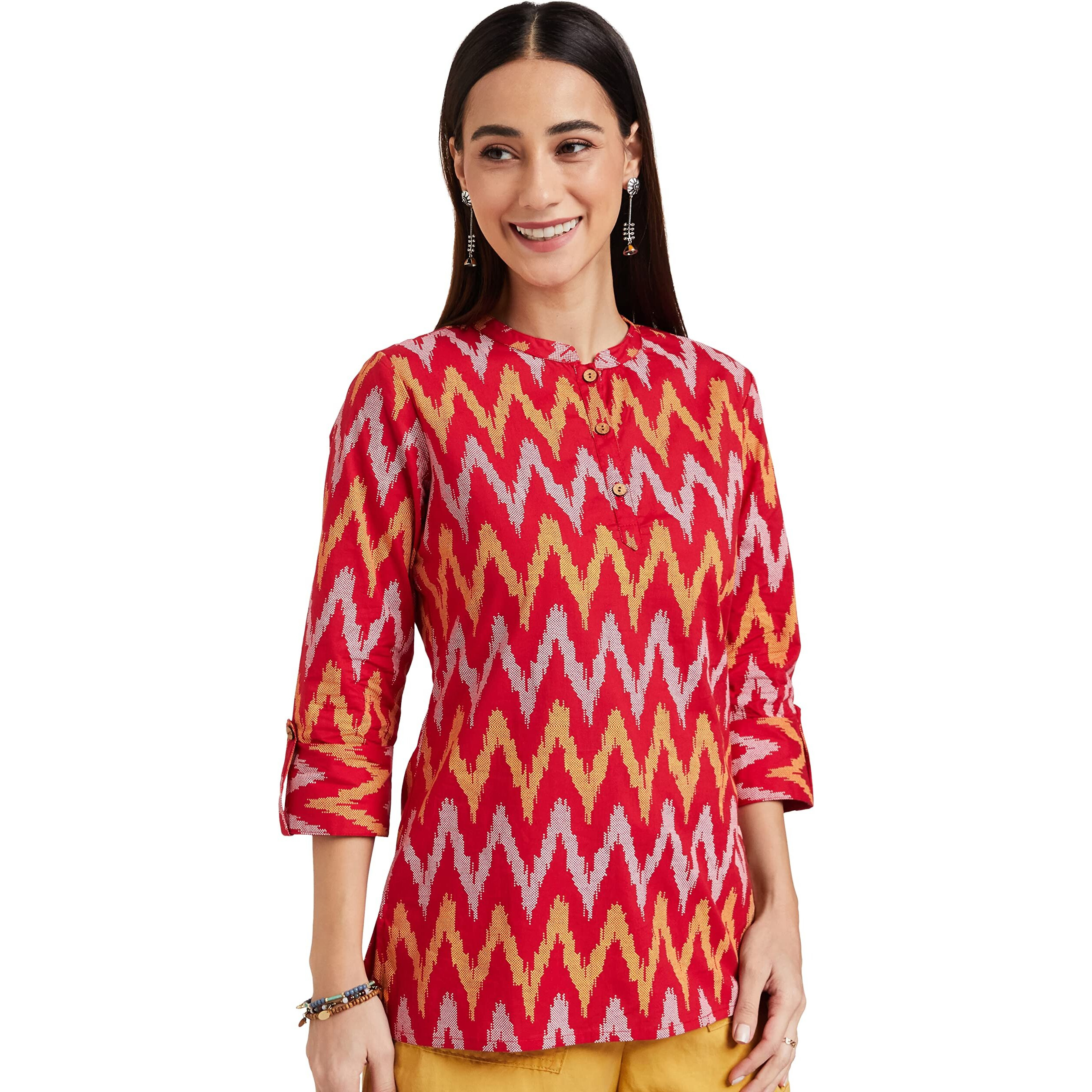 Amazon Brand - Myx Women's Cotton Printed Regular Short Kurti (NDIKKAT2B_Red_XL)