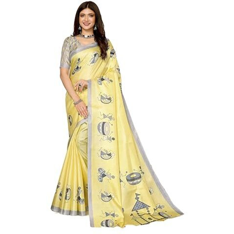 Yashika Women's Elegant Printed Art Silk Saree with Matching Blouse Material-Perfect for Festive Special Occasions, Exquisite Design and Vibrant Colors (AZ-YS-P1-DHOLKI-Parent_Yellow)