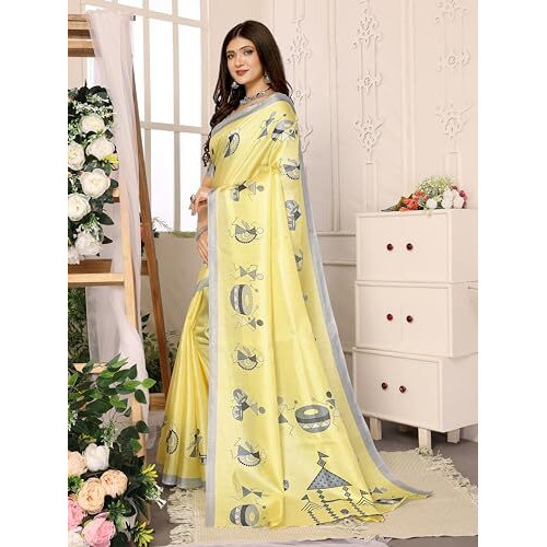 Yashika Women's Elegant Printed Art Silk Saree with Matching Blouse Material-Perfect for Festive Special Occasions, Exquisite Design and Vibrant Colors (AZ-YS-P1-DHOLKI-Parent_Yellow)