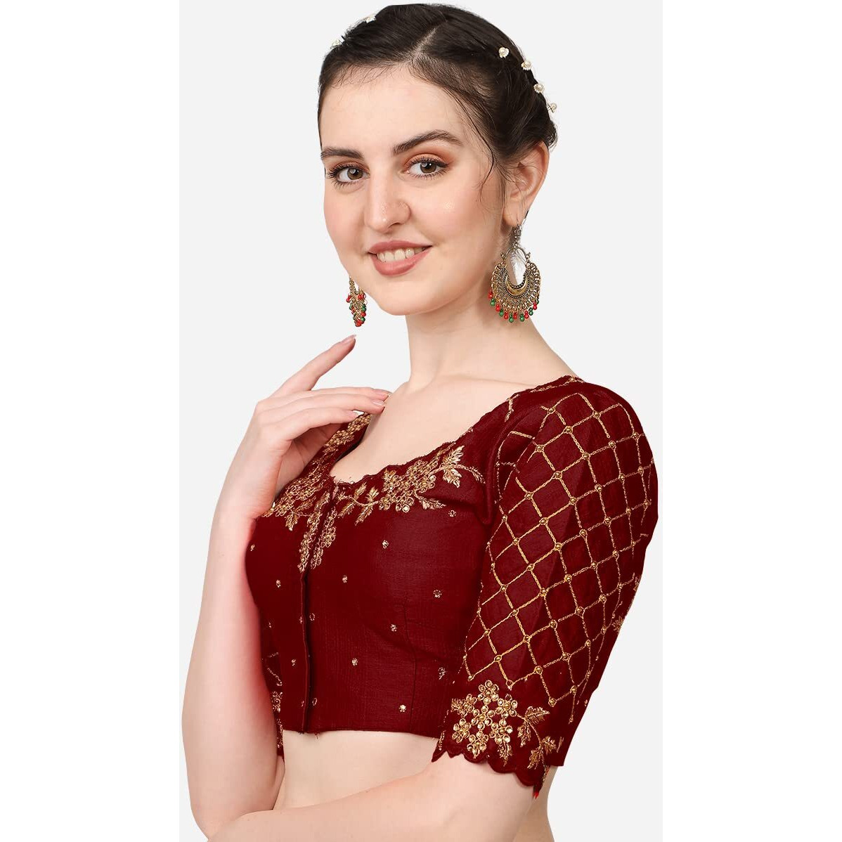 Pujia Mills Women's Embroidery Handwork, Rough Cut Work Stone Work Readymade Blouse (38, Marun)