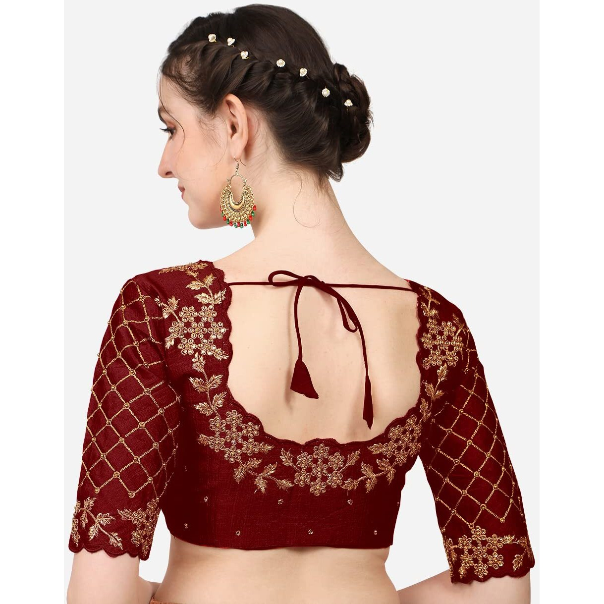 Pujia Mills Women's Embroidery Handwork, Rough Cut Work Stone Work Readymade Blouse (38, Marun)