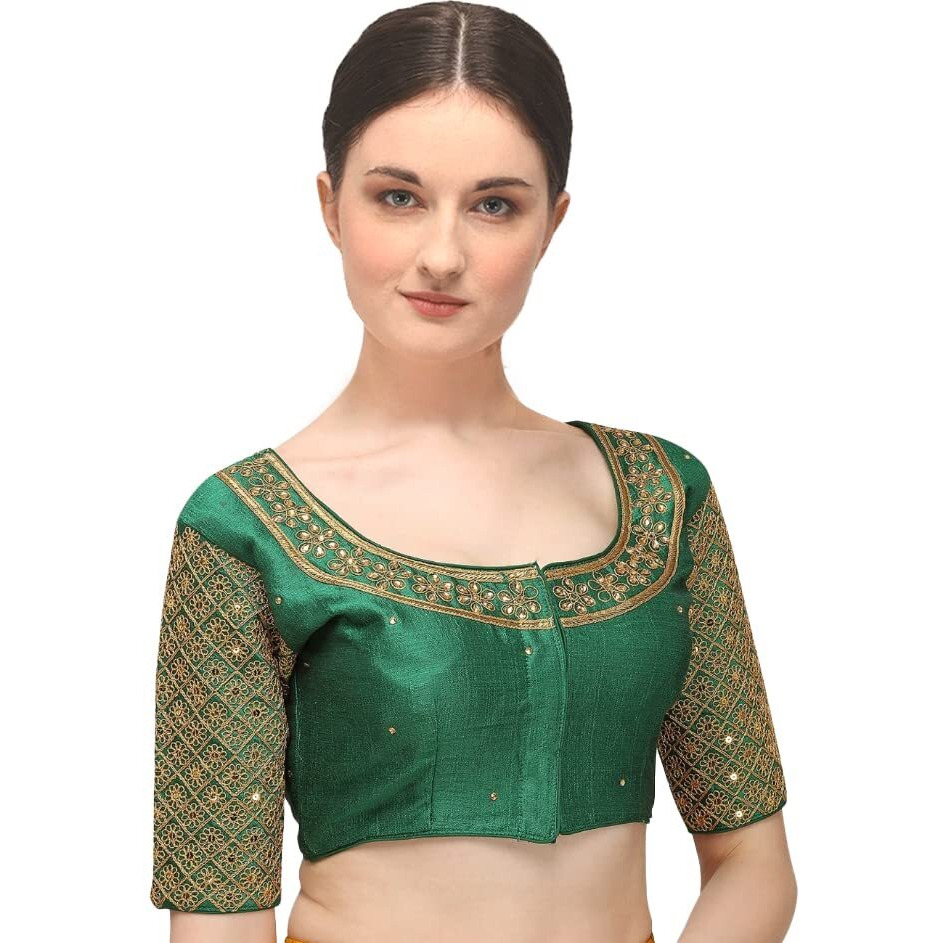 Pujia Mills Women's Embroidery Handwork Sequence Work Necklace Design Readymade Blouse (Green, 36)