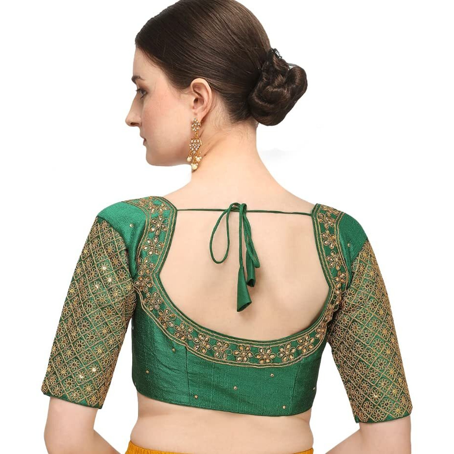 Pujia Mills Women's Embroidery Handwork Sequence Work Necklace Design Readymade Blouse (Green, 36)